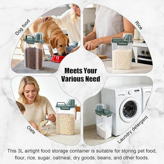 3-5Lbs/3Qt Dog Cat Food Storage Container With Foldable Bowl. Plastic Pet Food Dispenser for Small Animal Kibble/Pet Food/Bird Seed/Oatmeal/Rice/Flour/Brown Sugart/Cereals (Dark Green)