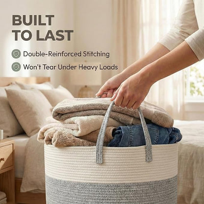 65L Extra Large Blanket Basket for Living Room - Woven Cotton Rope Laundry Hamper with Reinforced Handles - Storage Bin for Pillows, Comforters & Toys - Machine Washable,White&Grey