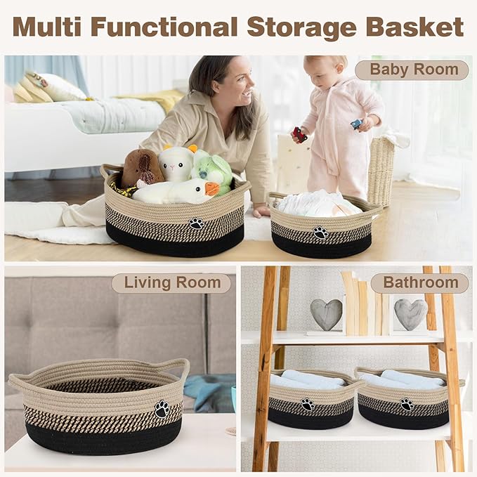 Dog Toy Basket, Toy Box and Bin for Dog Cat Storage, 13.5" X 11" X 5" Small Woven Rope Basket for Baby Storage, Closet, Living Room, Brown & Black