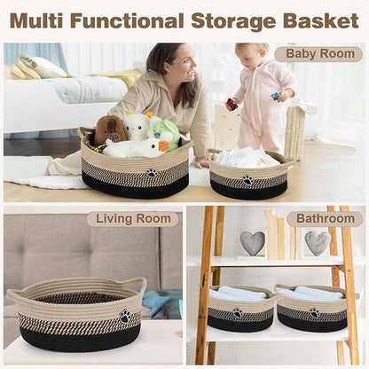 Dog Toy Basket, Toy Box and Bin for Dog Cat Storage, 13.5" X 11" X 5" Small Woven Rope Basket for Baby Storage, Closet, Living Room, Brown & Black