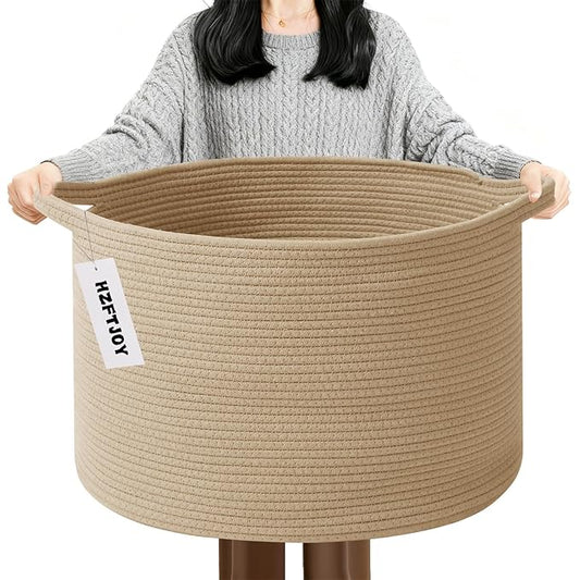 90L Large Blanket Basket,21.7"L x 21.7"W x 13.8"H Rope Woven Baskets with Handles, Toys Storage Bins,Laundry Basket Perfect for Living Room, Nursery,Bedroom,Home Organization,Camel