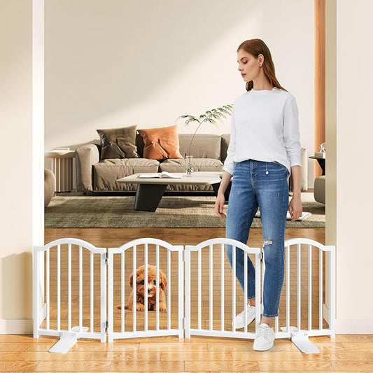 Snughome 2 Pack Short Dog Gate Indoor, 16" High Freestanding Small Dog Gates with Support Feet, Expand Up to 48’’Wide Foldable Pet Gate for Doorway, 8 Panel Pet Door Pet Fence for Puppy, White