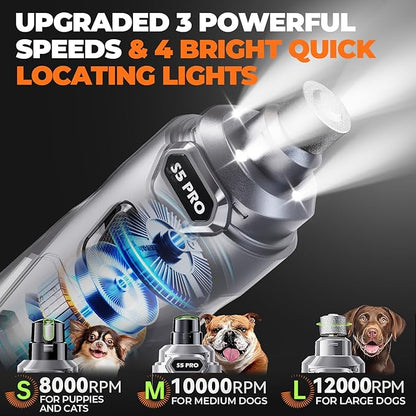 Whisper Quiet Dog Nail Grinder with 4 LED Lights, Safe & Stress-Free for Sensitive Dogs Cats of All Breeds & Sizes, 3 Grinding Bits, 3-Speed, Pet Nail Trimmers, Rechargeable Painless Grooming Kit Grey