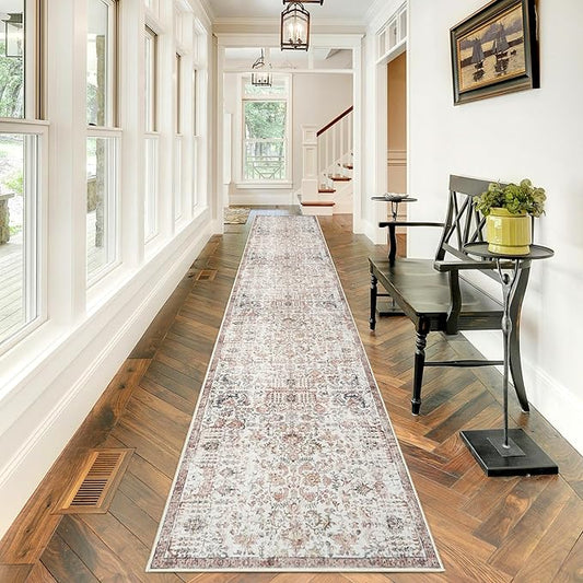 Hallway Washable Runner Rug - 2'6x12 Kitchen Rugs Entryway Rug Runner Non Slip Indoor Farmhouse Carpet for Living Room Bedroom Bathroom Vintage Floor Decoration Mat (2'6''x12', Dusty Rose)