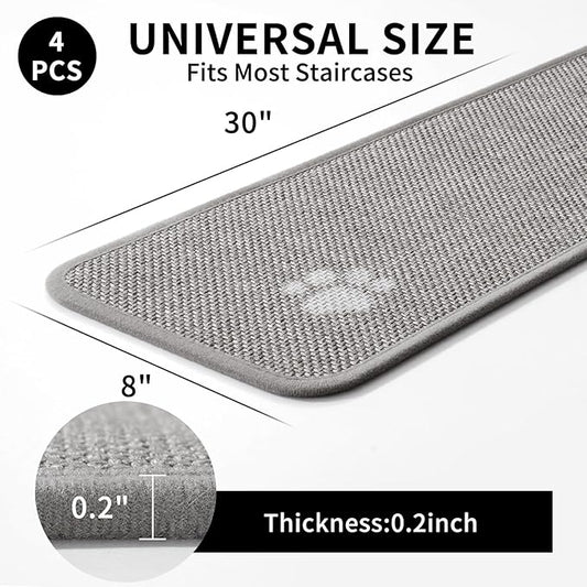 Stair Treads Non Slip Indoor 4PCS, Rubber Backing Stair Runner Rugs for Wooden Steps, Residue Free Stair Carpet Treads for Kids Elders and Pets, Machine Washable Stair Mats, Gray, 8" x 30"