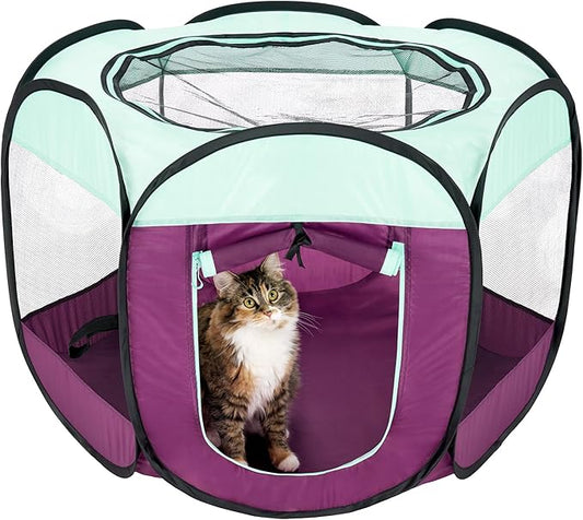 Furhaven Portable Dog Playpen Cat Tent, Pet Playground,Kennel Foldable Indoor Outdoor Zippered Puppy Crate - Purple, Small