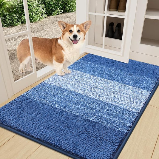Smiry Dog Door Mat for Muddy Paws, Absorbs Moisture and Dirt, Low-Profile Entryway Mat with Non-Slip Backing, Entry Indoor Outdoor Doormat for Inside Floor (36x24 Inches, Navy Blue, Striped)