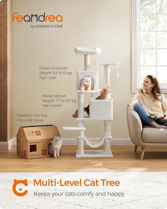 Feandrea Cat Tree, 59.5-Inch Tall Cat Tower, Plush Multi-Level Condo with 5 Scratching Posts, 2 Perches, 2 Caves, Hammock, 2 Pompoms, Cream White UPCT192T01