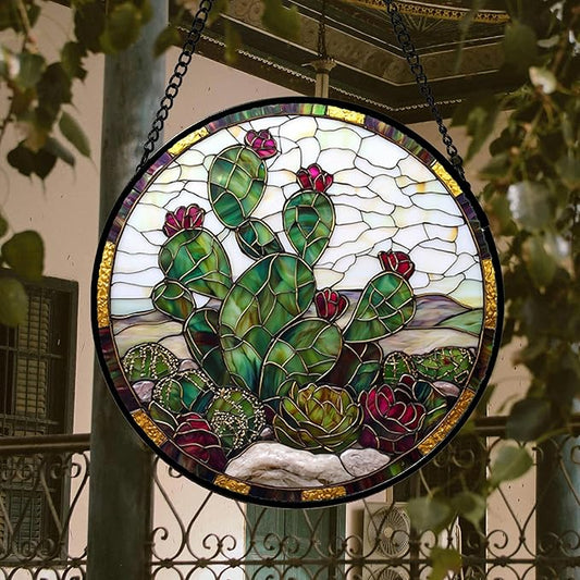 Stained Glass Window Hanging,Green Cactus Purple Flowers Suncatcher Diamond Glass Panel Sun Catchers Decor for Birthday for Women, Men, Wife, Aunt, and Mom 14.9x14.9 in