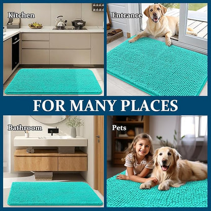 OLANLY Dog Door Mat for Muddy Paws 40x32, Absorbs Moisture and Dirt, Absorbent Non-Slip Washable Doormat, Quick Dry Chenille Mud Mat for Dogs, Entry Indoor Entryway Carpet for Inside Floor, Teal