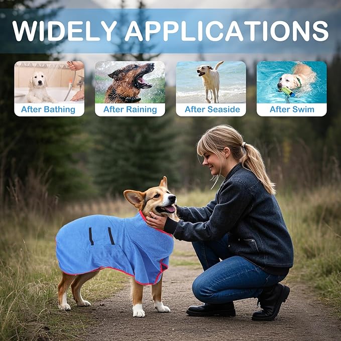 Dog Bathrobe Towel Drying Coat, Super Absorbent Microfiber Pet Quick Drying Bath Robes, Warm Soft Pet Coat for After Bath Shower Swim Wet Walk, Adjustable Cloth for Small Middle Large Dogs (Blue, L)