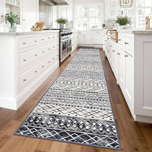 KUTA Boho Runner Rug for Hallway 2.6x14 Moroccan Washable Black Navy Blue Rugs Non-Slip Vintage Long Kitchen Runners Soft Geometric Floor Carpet for Bedroom Laundry Living Room