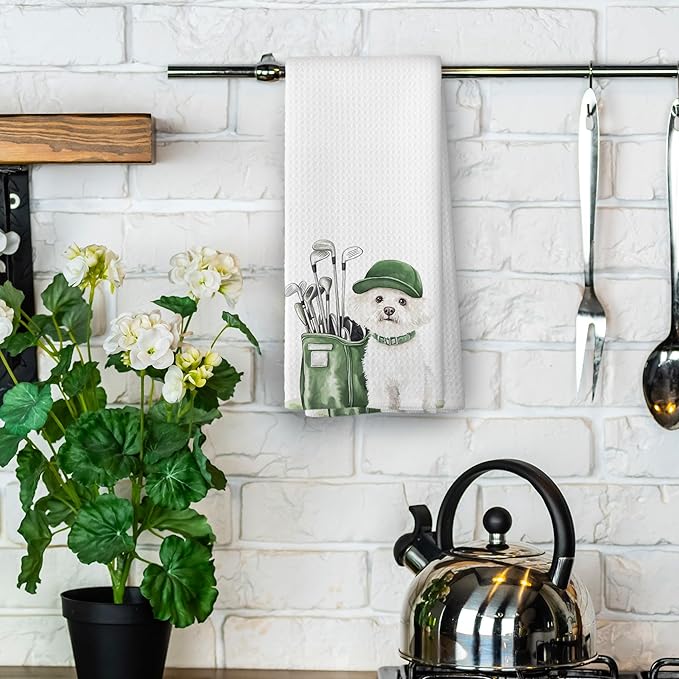 Golf Dog Kitchen Towels - Maltese Dish Towels, Sports Gifts, Pet Golf Club Decorative Absorbent Dishcloths Hand Towels for Kitchen Gym Spa Decor 16x24 Inches