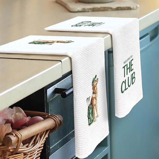 Golf Dog Kitchen Towels - Golden Retriever Dish Towels, Sports Gifts, Pet Golf Club Decorative Absorbent Dishcloths Hand Towels Set of 2 for Kitchen Gym Spa Decor 16x24 Inches
