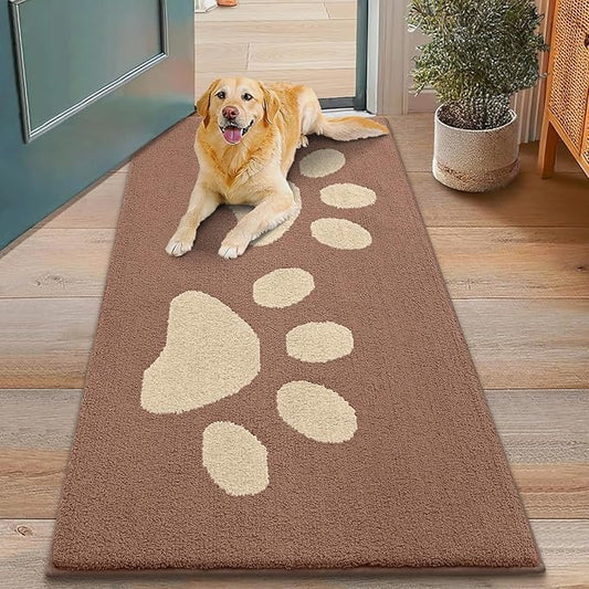 Smiry Dog Door Mat for Muddy Paws, Absorbs Moisture and Dirt, Low-Profile Entryway Mat with Non-Slip Backing, Entry Indoor Outdoor Doormat for Inside Floor (48x30 Inches, Camel, Paw)