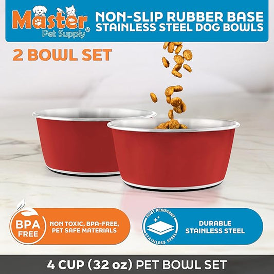 Master Pet Supply Stainless Steel Dog Bowls Set of 2 (32 Oz Each) with Non-Slip Rubber Base - Crimson Flame - Basic Dog Food Bowl Water & Food Bowls for Small Medium Large Dogs & Cats, Metal Dish