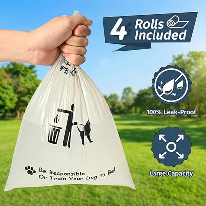 Dog Poop Bag Dispenser Wall Mount with Magnetic Lid, Quick Pull & Easy Access, White Dog Poop Bag Holder for Outdoor Yard, Includes 4 Rolls (60 Bags)