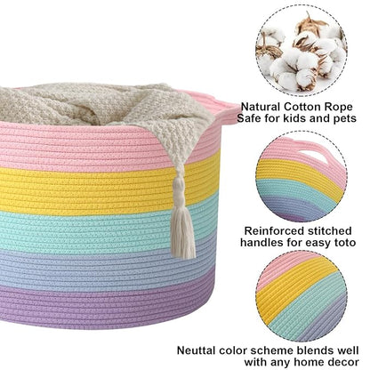 115L Large Blanket Basket,23.6" L x 23.6" W x 15.7" H Rope Woven Baskets with Handles, Toys Storage Bins,Laundry Basket Perfect for Living Room, Nursery,Bedroom,Home Organization,Colorful