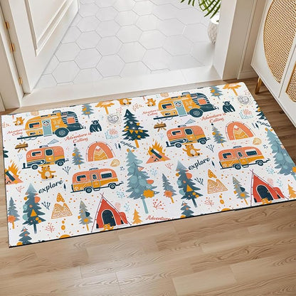 Adventure Camping Indoor Door Mat,Outdoor Camper Picnic Pattern Floor Doormat,17x29.5in,Non Woven Non Slip Rubber Backing Rug for Porch Insider,Bedroom,Kitchen,Doormats Gifts,Rv Camper Decor