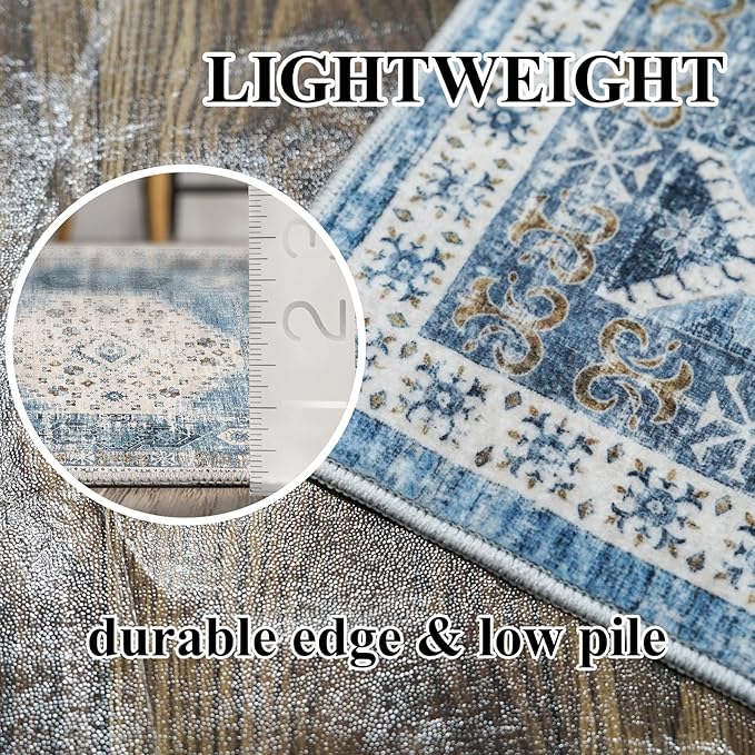 Washable Living Room Area Rug - 2x3 Small Bedroom Rugs Vintage Rustic Style Carpets with Non Slip Backing Distressed Floor Mat for Dining Room Kitchen Bathroom (Aqua Blue, 2'x3')