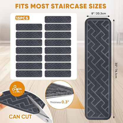 15 Pack 8 "X 30" Non Slip Stair Treads for Wooden Steps, Carpet Stair Treads Made of Polyester and Reusable Adhesive, Stair Runner Rugs for Kids, Elders and Dogs Pets (Gray)