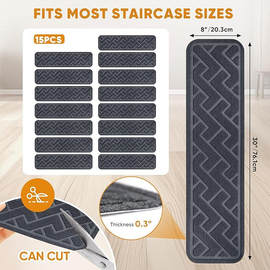 15 Pack 8 "X 30" Non Slip Stair Treads for Wooden Steps, Carpet Stair Treads Made of Polyester and Reusable Adhesive, Stair Runner Rugs for Kids, Elders and Dogs Pets (Gray)