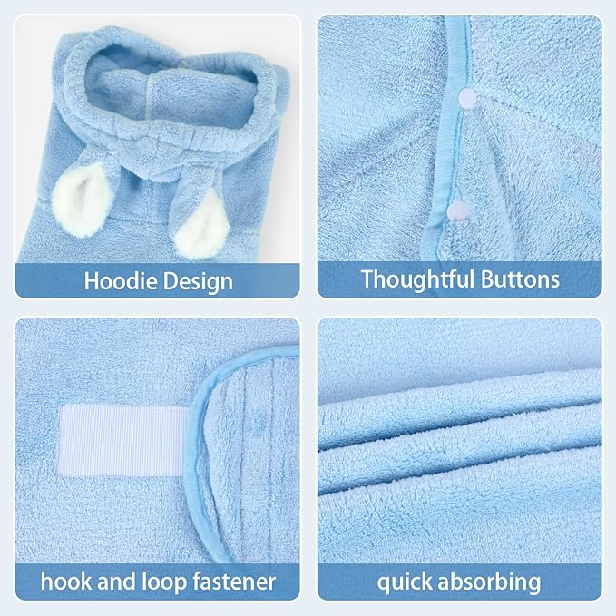 Pet Bathrobe Towel Dog Cat Drying Coat Super Absorbent Cute Dogs Bath Towel Hooded Robe Adjustable Collar & Belly Strap for XSmall to XLarge Pets (Blue, Small)