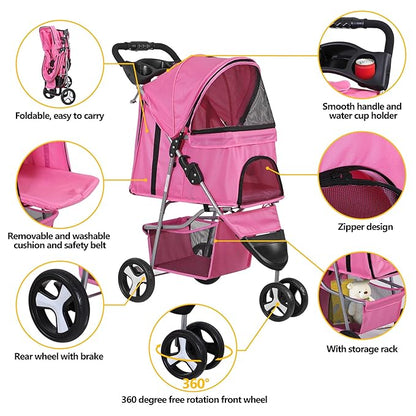 LEMY Foldable Pet Stroller,3 Wheels Cat/Dog Stroller with Weather Cover for Small/Medium Dogs and Cats,Pink Pet Strolling Cart with Storage Basket and Cup Holder