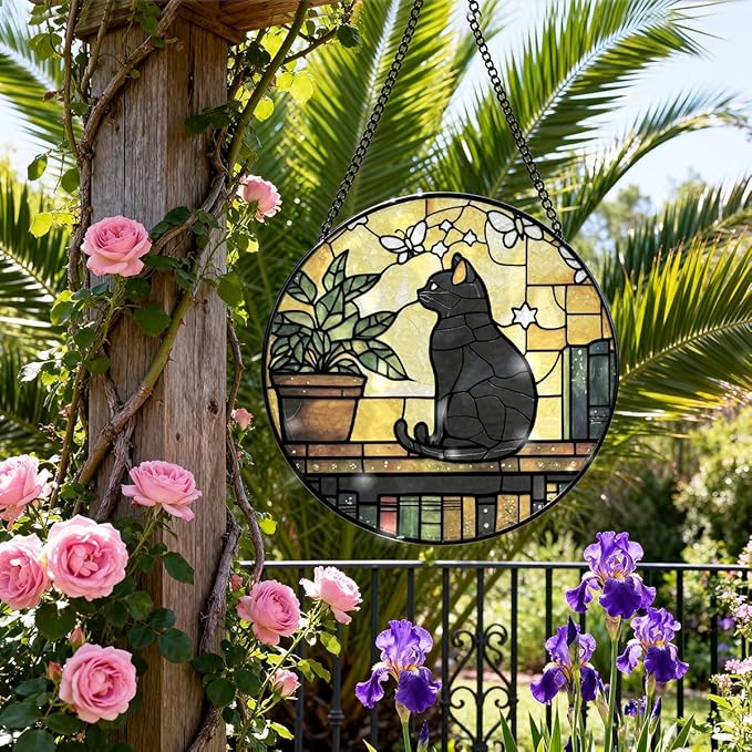 Greatingreat Stained Glass Window Hanging, Home Room Decor 7.8 Inch Cat Sun Catchers Indoor Window, Wall Art Home Decor Gift for Cat Lovers Women Mother's Day