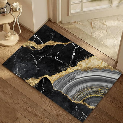 Indoor Rugs for Entryway,Black Gold Marble Welcome Mat for Home,Modern Simple Low Profile Entrance Rugs Non-Slip Doormats for Back Door Patio, Porch,Home Stairway,30 x 17 Inch