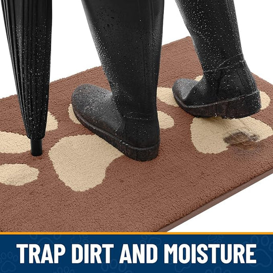 Smiry Dog Door Mat for Muddy Paws, Absorbs Moisture and Dirt, Low-Profile Entryway Mat with Non-Slip Backing, Entry Indoor Outdoor Doormat for Inside Floor (48x30 Inches, Camel, Paw)