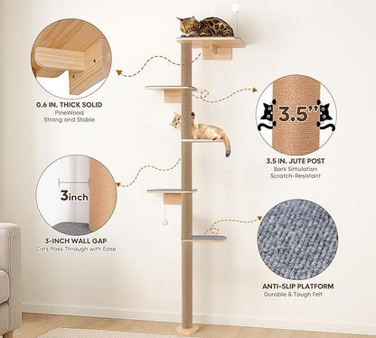 5-Tier Floor-to-Ceiling Cat Tree Tower, Upgraded Grey Felt Kittens Wall Shelves, Rotatable Platforms & 3-Inch Wall Gap, Wild Simulation Kitten Playground