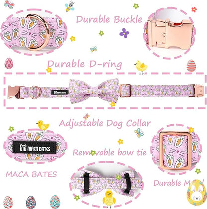 Maca Bates Rabbit Foot Dog Collar with Fancy Bow Tie for Large Girl Boy Dogs, Pink Bunny Pattern,Adjustable Durable Soft Breakaway Collars Easter Day Gift for Male Female Puppy