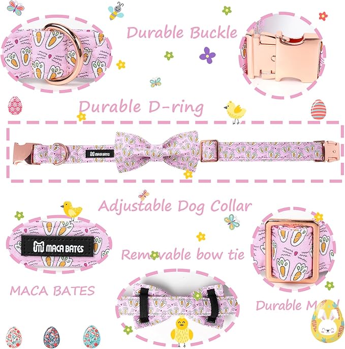 Maca Bates Rabbit Foot Dog Collar with Fancy Bow Tie for Medium Girl Boy Dogs, Pink Bunny Pattern,Adjustable Durable Soft Breakaway Collars Easter Day Gift for Male Female Puppy