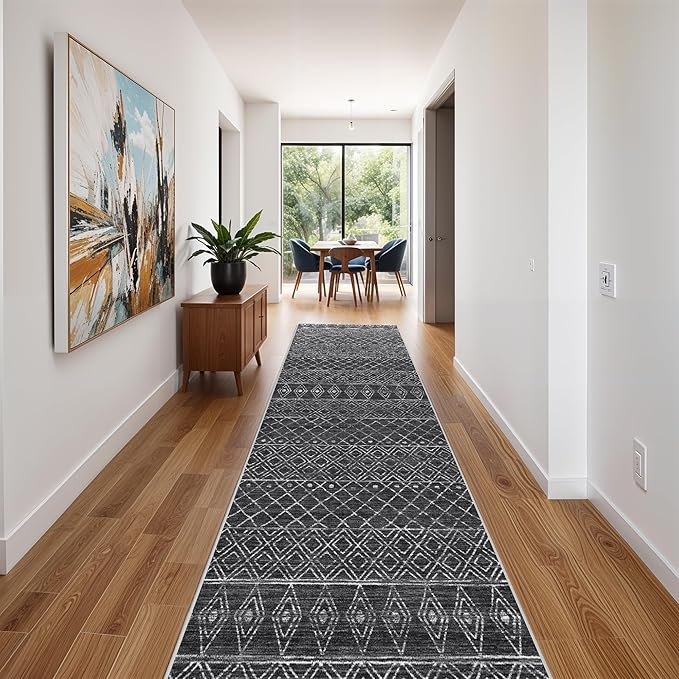 Washable 2.6x14 Runner Rug Moroccan: Hallway Rugs Non Slip Geometric Bedroom Rugs - Soft Long Low Pile Boho Carpet - Modern Floor Mats for Kitchen Entryway Laundry 2'6"x14' Black