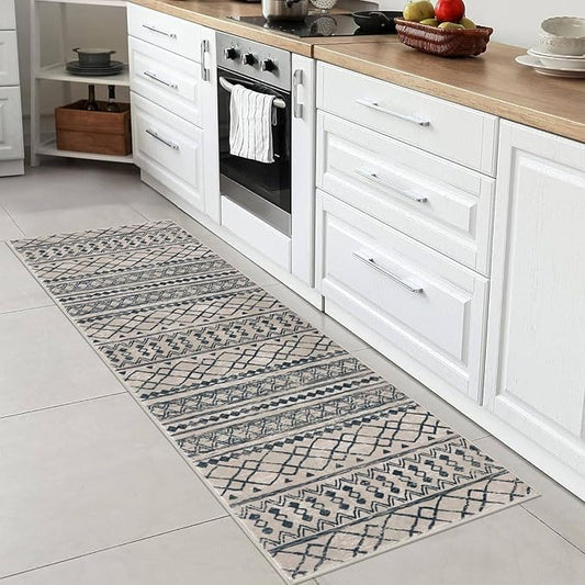 KUTA Moroccan Washable Hallway Runner Rug, 2x6 Non-Slip Vintage Light Brown Black Boho Rugs Kitchen Runners Ultra Soft Distressed Geometric Floor Carpet for Bedroom Laundry Living Room
