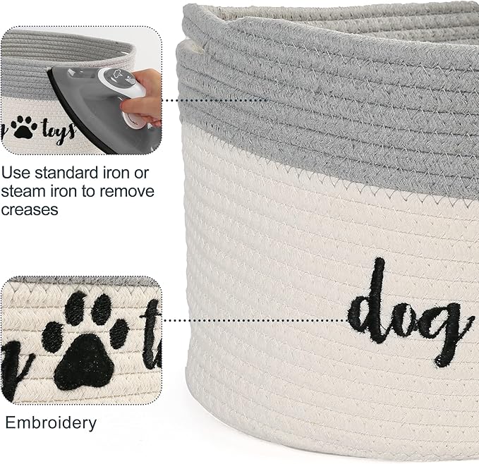 PrimePets Cotton Rope Dog Toy Basket, Small Basket with Handles, Woven Storage Bin for Dogs Pets, 15x10x9 inch Pet Basket Container Holder for Toys, White and Grey