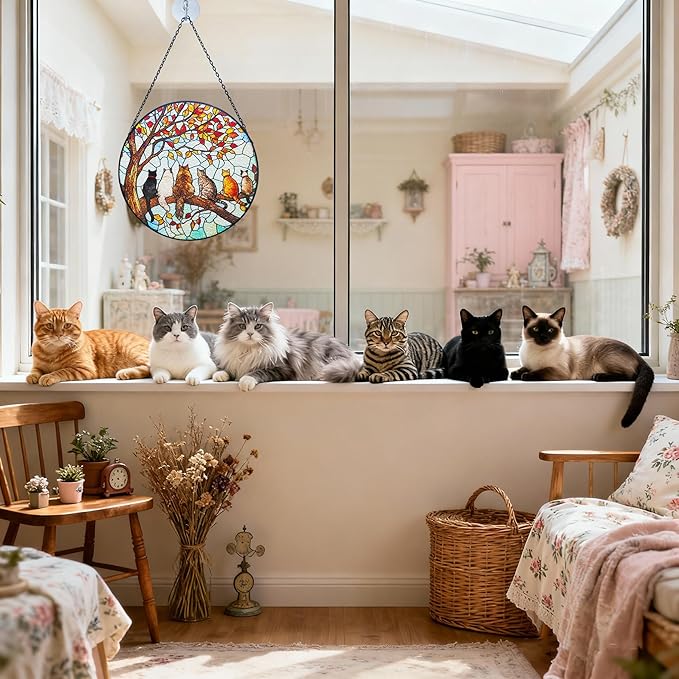 Stained Glass Suncatcher Window Hanging - 6 Cats on a Branch, Cat Lover Gifts for Women Men Mom, Home Decor for Window Door, Christmas Birthday, 7.87x7.87 in