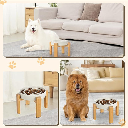 Elevated Slow Feeder Dog Bowl - Ceramic Food Dish with Bamboo Stand - Raised Maze Design - Ideal for Medium to Large Dogs - Milky White - 8.4 inch