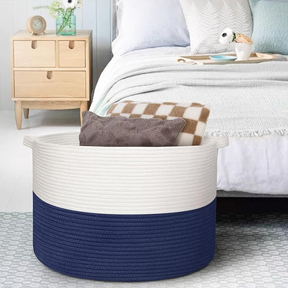 115L Super Large Blanket Basket, Cotton Rope Woven Bin for Toy, Clothes, Laundry, Shoes, Toy Box for Living Room, Oversized Organizer, XXXL Jumbo Basket for Blankets, 23.6"x15.7", Navy Blue