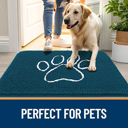 OLANLY Dog Door Mat for Muddy Paws 70x24, Paw Print Design, Absorbs Moisture and Dirt, Absorbent Non-Slip Washable Doormat, Quick Dry Chenille Mud Mat, Entry Indoor Entryway Carpet, Atlantic Blue