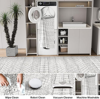 Hallway Runner Rug Washable 2'6"x8': Moroccan Non Slip Runner Rugs Soft Indoor Floor Carpet Low Pile Mat with Rubber Backing for Living Room Kitchen Bedroom 2'6"x8' Geo Grey