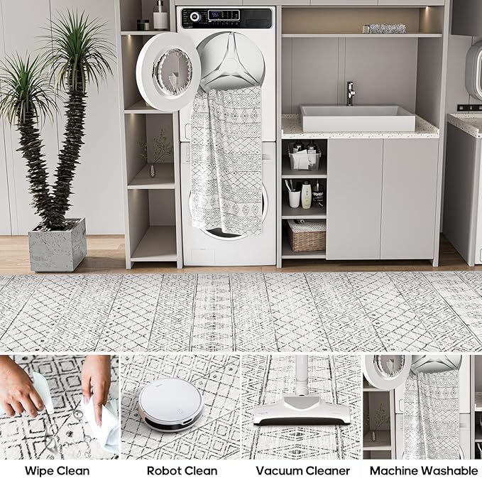 Washable 5x5 Rug Square Moroccan: Non-Slip Soft Indoor Throw Large Carpet - Low Pile Farmhouse Floor Mat for Living Room Bedroom Dining Room - Rugs for Young Families Home 5x5 Geo Grey