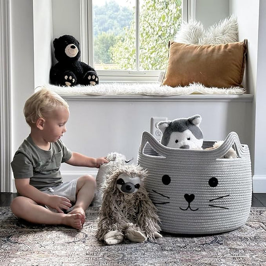 Large Woven Cotton Rope Storage Basket, Baby Laundry Basket Organizer for Towels, Blanket, Toys, Clothes, Gifts | Pet Gift Baskets for Cat, Dog - 15.7" L×11.8" H, Gray