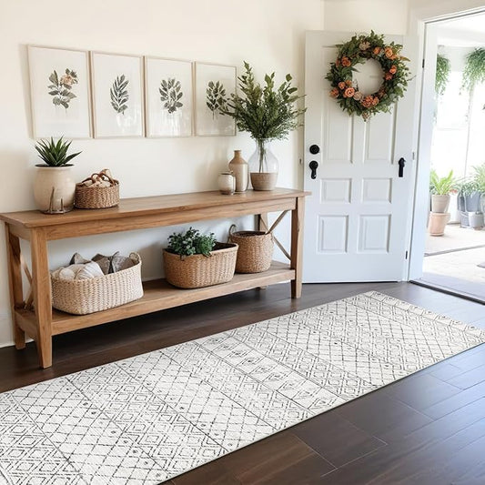 Hallway Runner Rug Washable 2'6"x8': Moroccan Non Slip Runner Rugs Soft Indoor Floor Carpet Low Pile Mat with Rubber Backing for Living Room Kitchen Bedroom 2'6"x8' Geo Grey