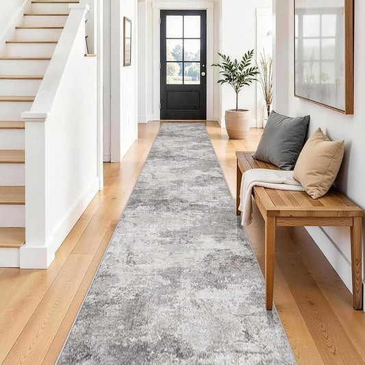 2'6x14 Extra Long Runner Rug : Washable Non-Slip Carpet for Hallway - Soft Kitchen Rugs Thin Low Pile Floor Mat for Bedroom Abstract Home Decor 2.6x14 Grey