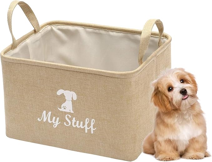 Geyecete Canvas Dog Toy Storage Dog Toy Basket-Box for Dog Toy Bins, Dog Blanket, Dog Clothes Storage - Pet Toy and Accessory Storage Bin-Beige-S
