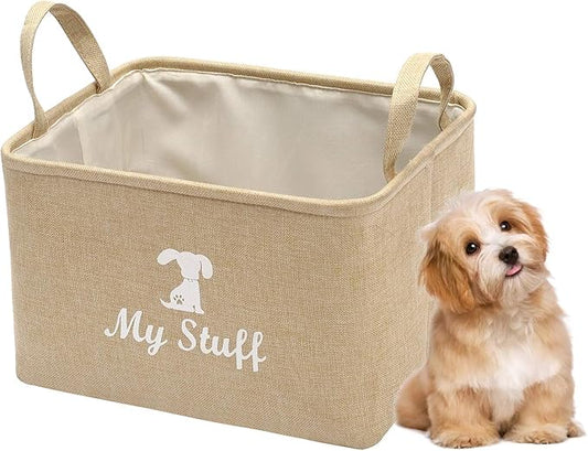 Geyecete Canvas Dog Toy Storage Dog Toy Basket-Box for Dog Toy Bins, Dog Blanket, Dog Clothes Storage - Pet Toy and Accessory Storage Bin-Beige-S