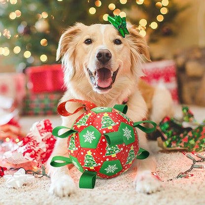 Christmas Soccer Ball Dog Toy With Straps for Interactive Play and Tug of War - Christmas Tree & Snowflower Pattern for Small, Medium, Big Dogs (8 Inches)