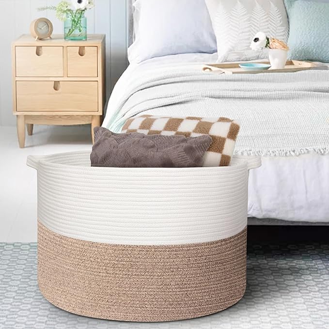 115L Super Large Blanket Basket, 23.6"x15.7" Oversized Cotton Rope Woven Basket for Toys, Towels, Shoes, Laundry, XXXL Jumbo Storage Bin for Blankets for Living Room, Toy Organizer, Brown